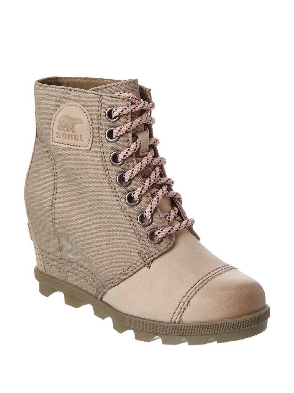 Sorel Joan of Arctic PDX Canvas Leather Lace Up Wedge Boots Taupe Size 10